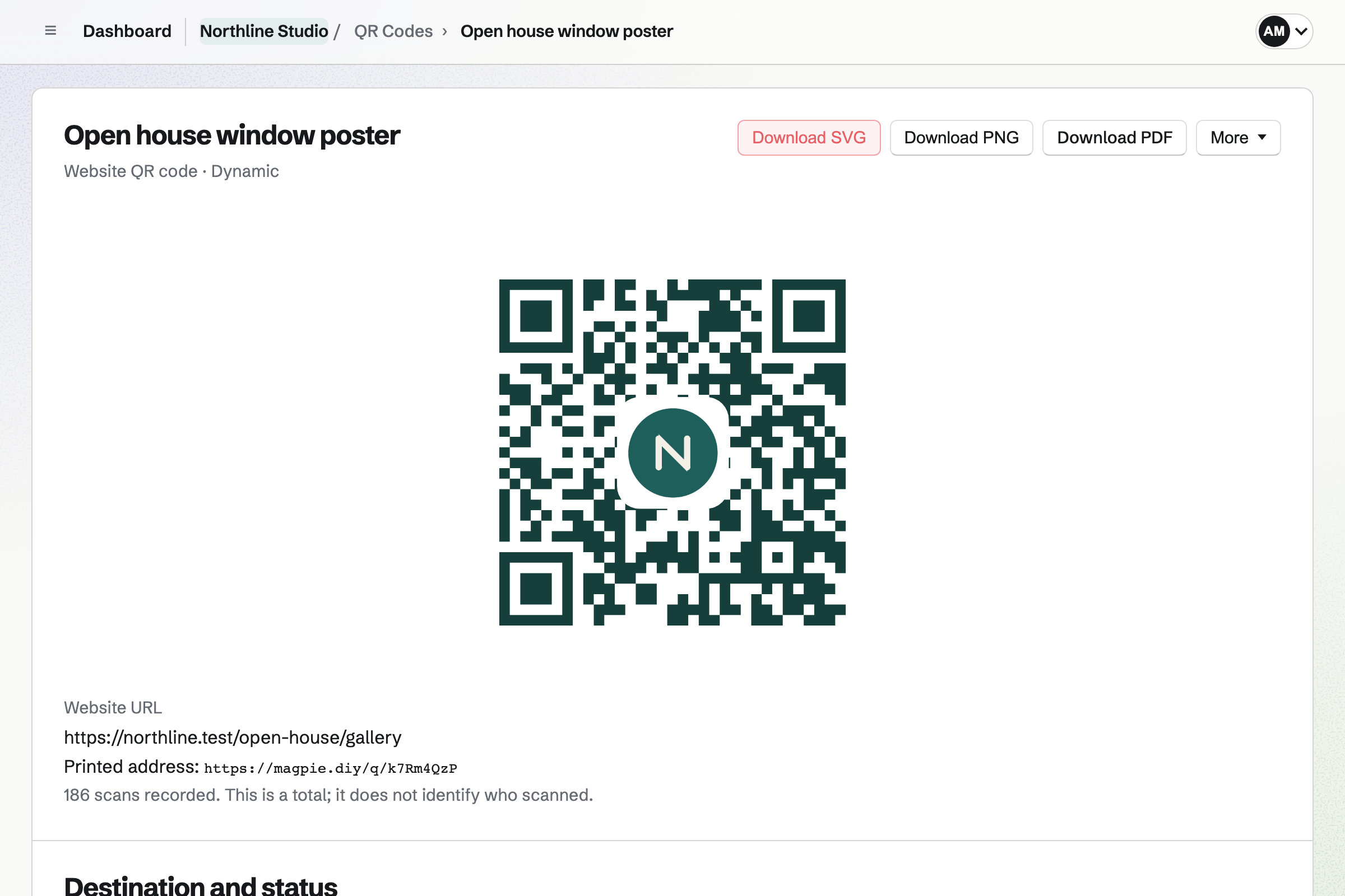 Northline Studio’s dynamic QR code for its open house window poster, with the printed Magpie address, the gallery page it opens now and 186 scans recorded.