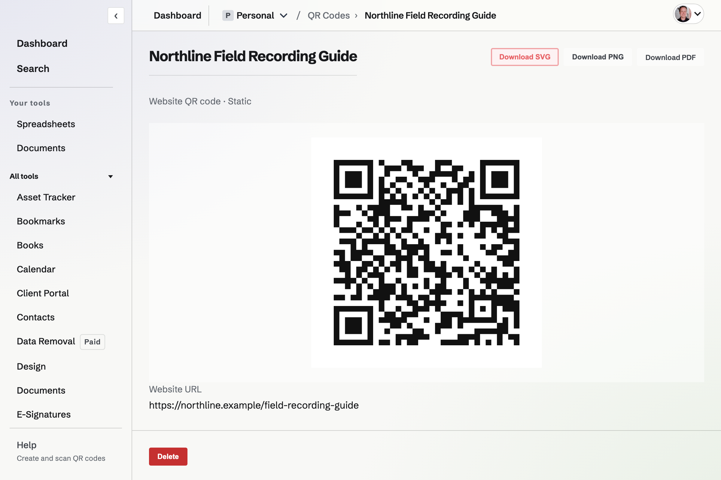 A saved static website QR code with its address and SVG, PNG and PDF downloads.