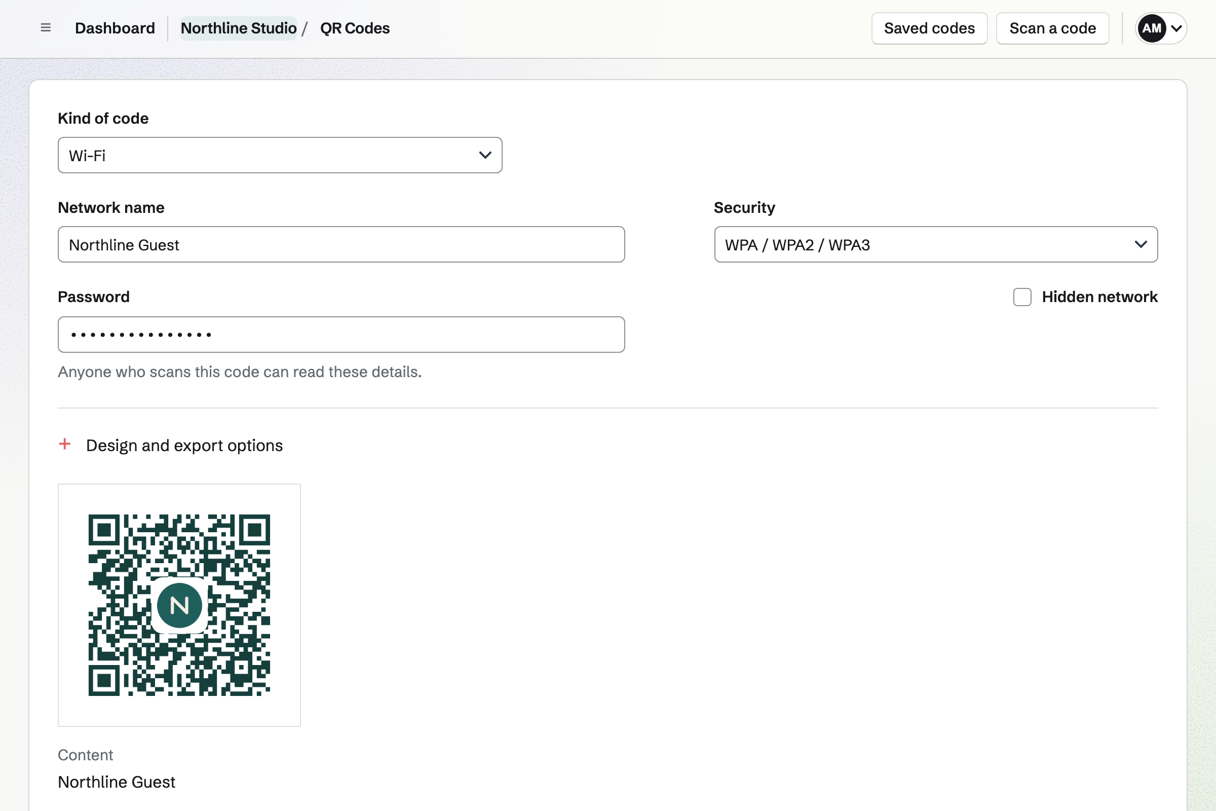 Making a Wi-Fi QR code for Northline Studio’s guest network, with its password, a dark teal code with the studio’s mark in the centre, and Download and Print ready.