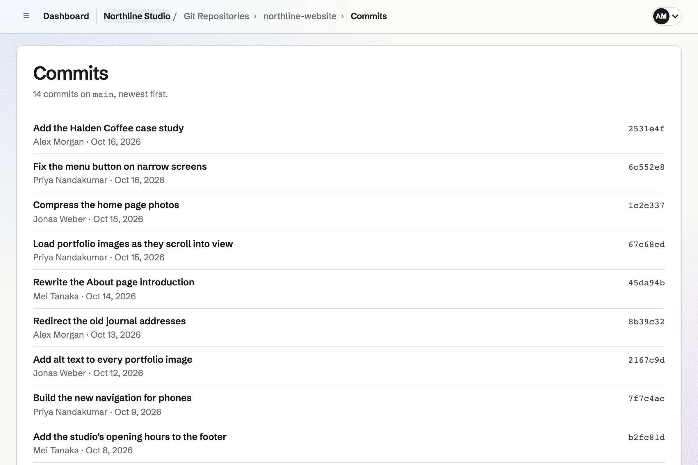 The history of Northline Studio’s northline-website repository: 14 commits on main, newest first, each with its message, author, date and short ID.