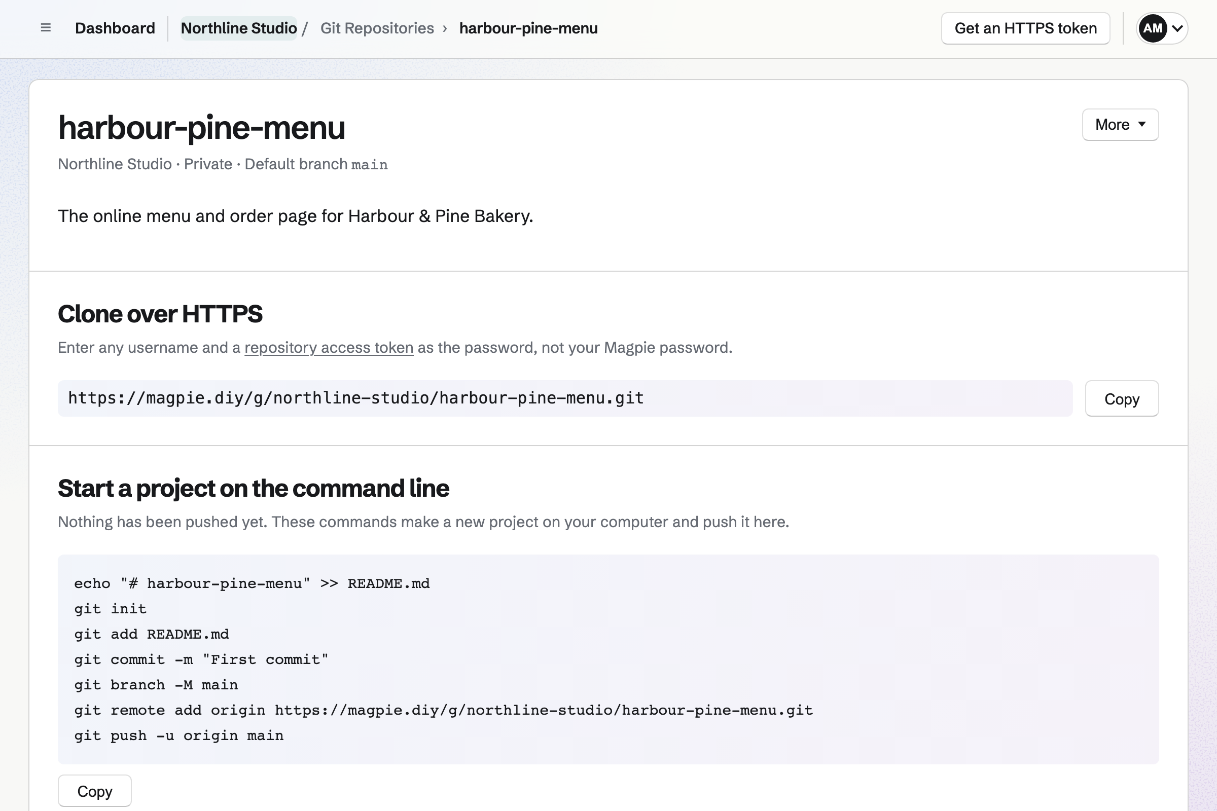 Northline Studio’s new private harbour-pine-menu repository, with its HTTPS clone address and the Git commands to start a project or push one you already have.