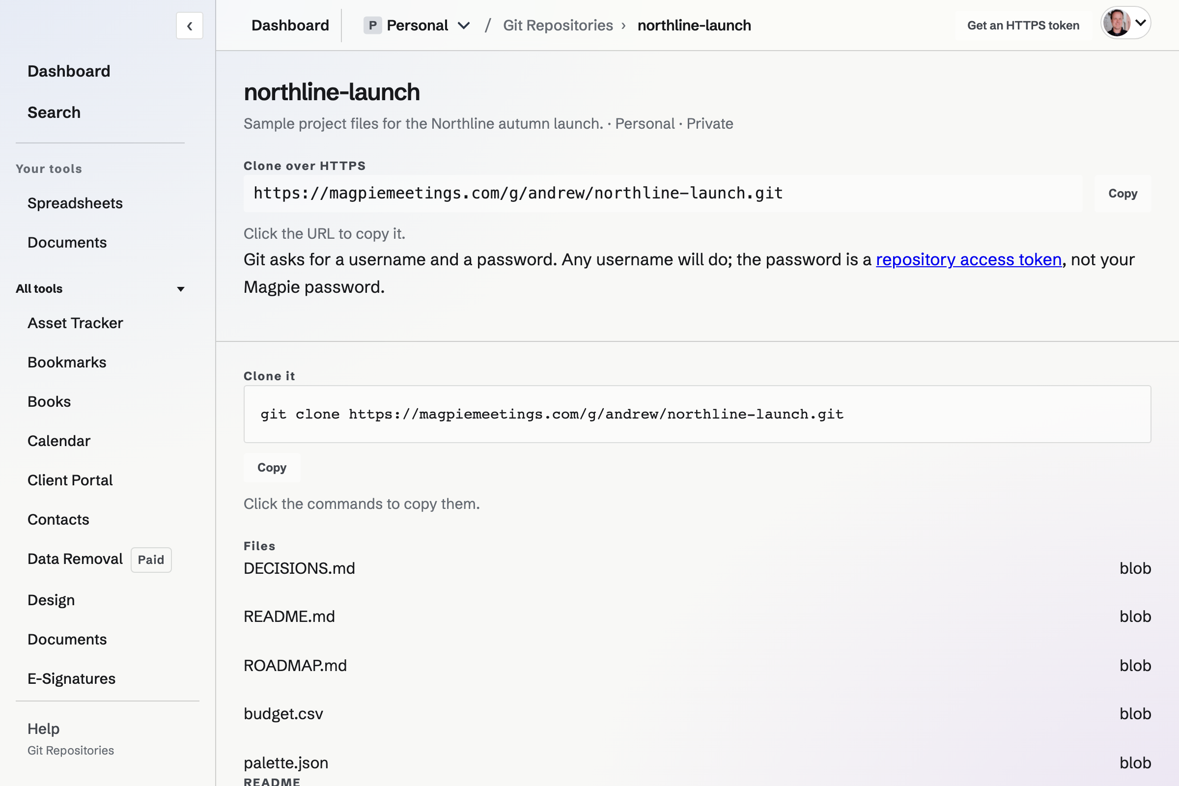 A Git repository with its HTTPS clone address, the clone command and its files.