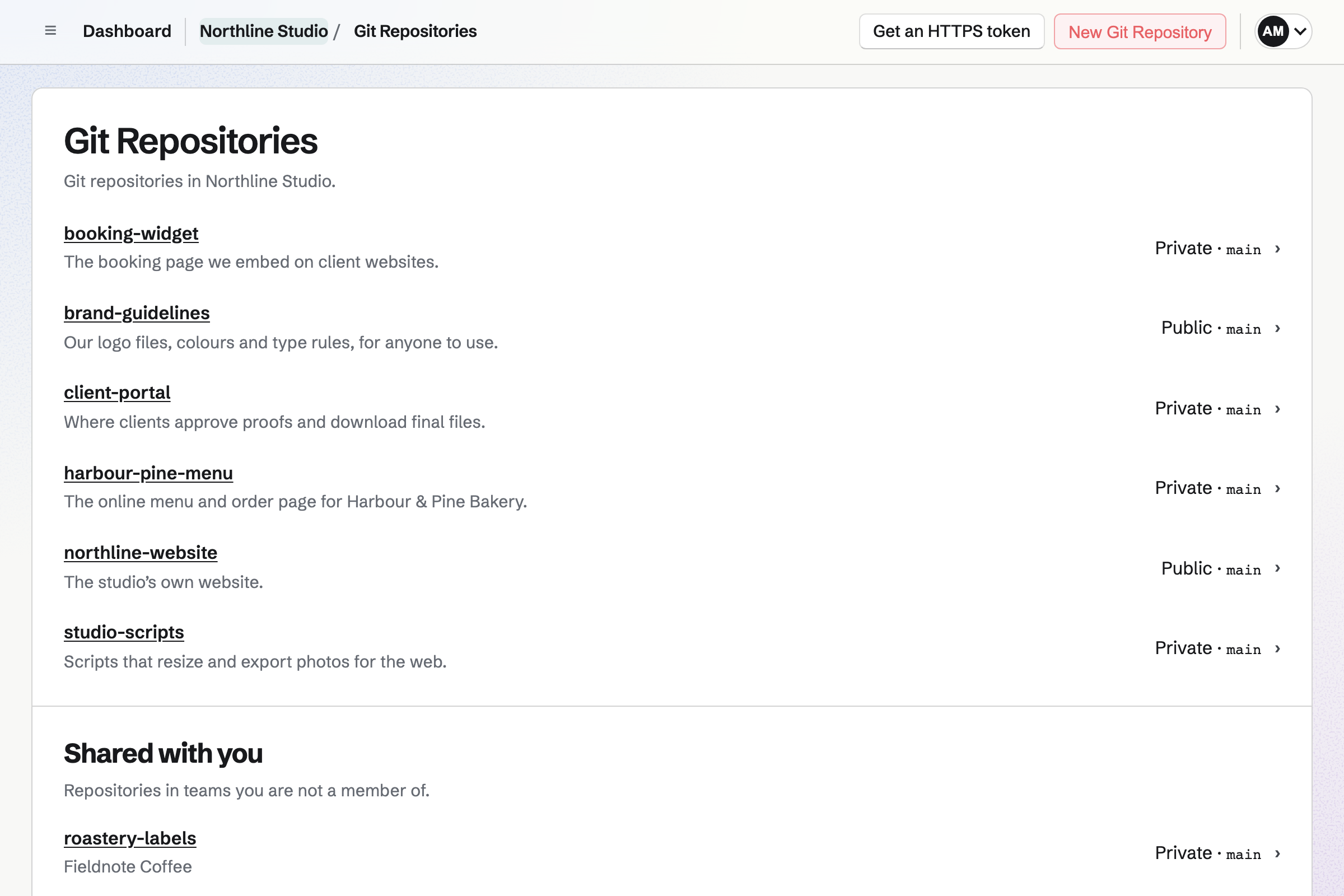Northline Studio’s Git Repositories, four private to the team and two public, then two repositories shared with Alex Morgan by Fieldnote Coffee and Kettle & Crumb.