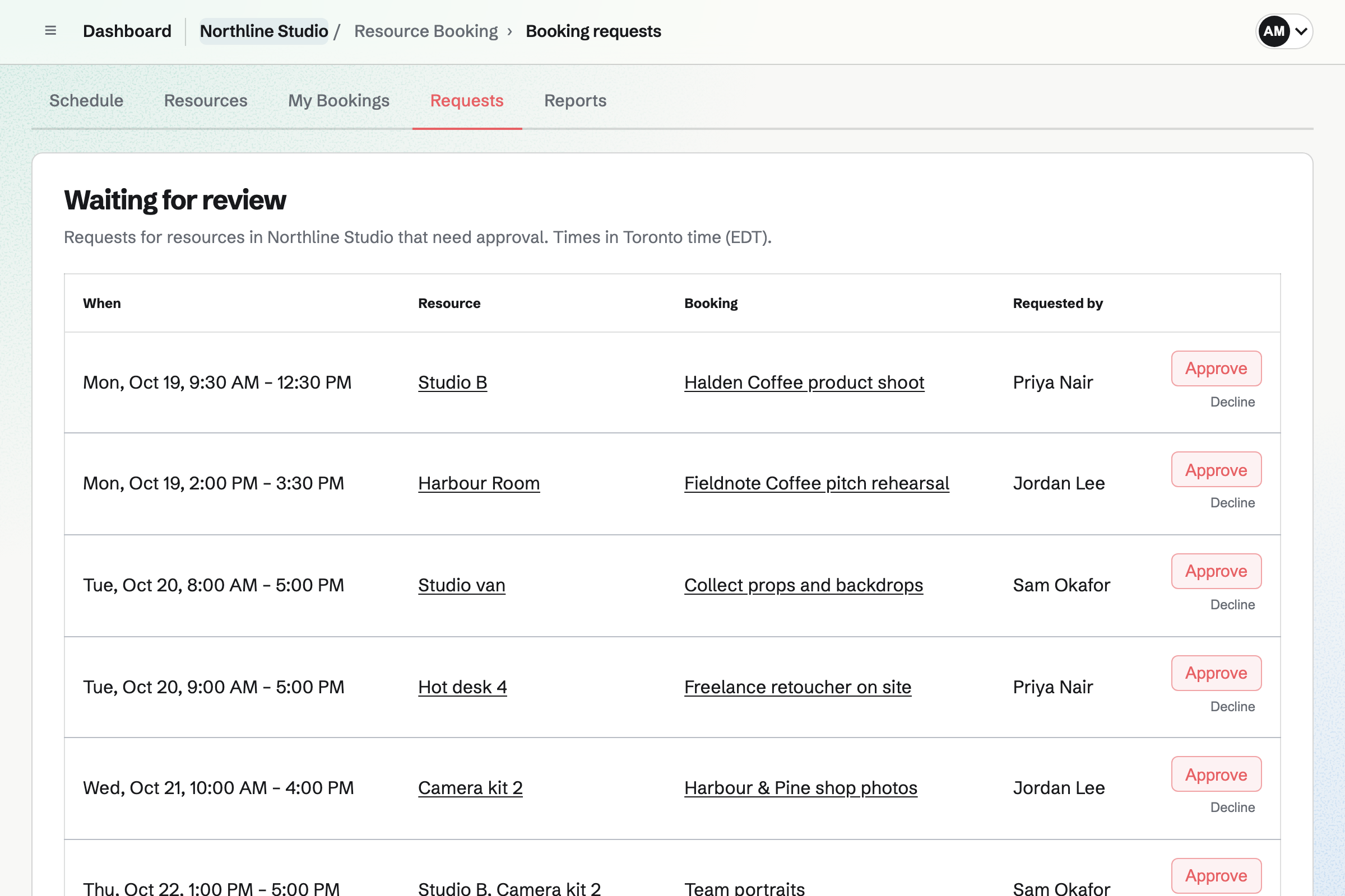 Northline Studio’s booking requests waiting for review: Studio B, the Harbour Room, a hot desk, a camera kit and the studio van, each with its time, purpose, requester, Approve and Decline.