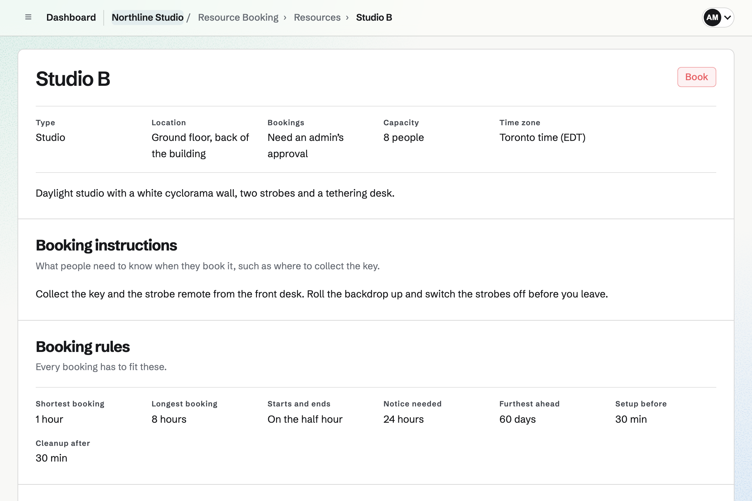 Northline Studio’s Studio B in Resource Booking: bookings need an admin’s approval, with its booking instructions and its rules for length, notice, how far ahead, setup and cleanup.
