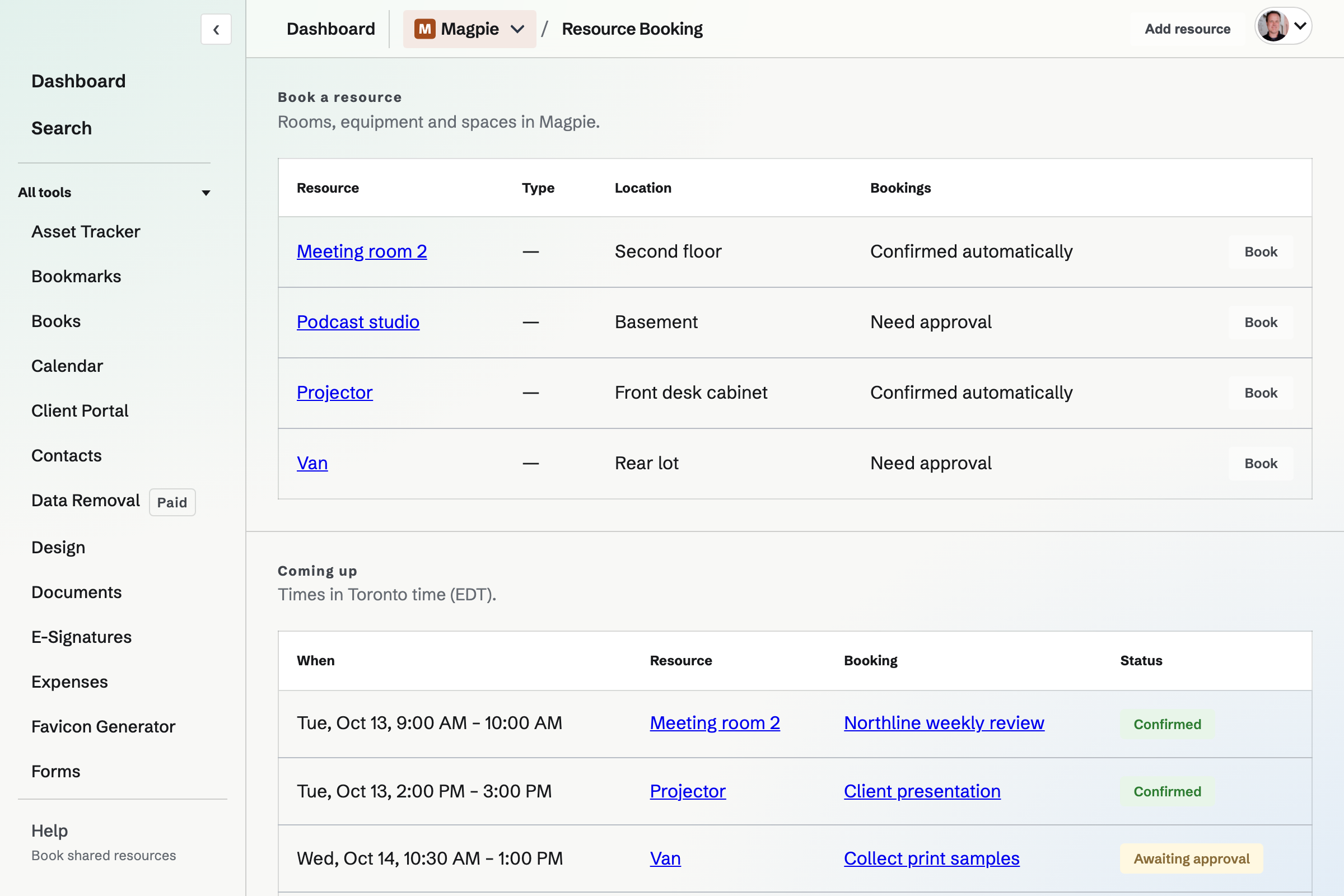Resource Booking with the bookable resources and upcoming bookings.