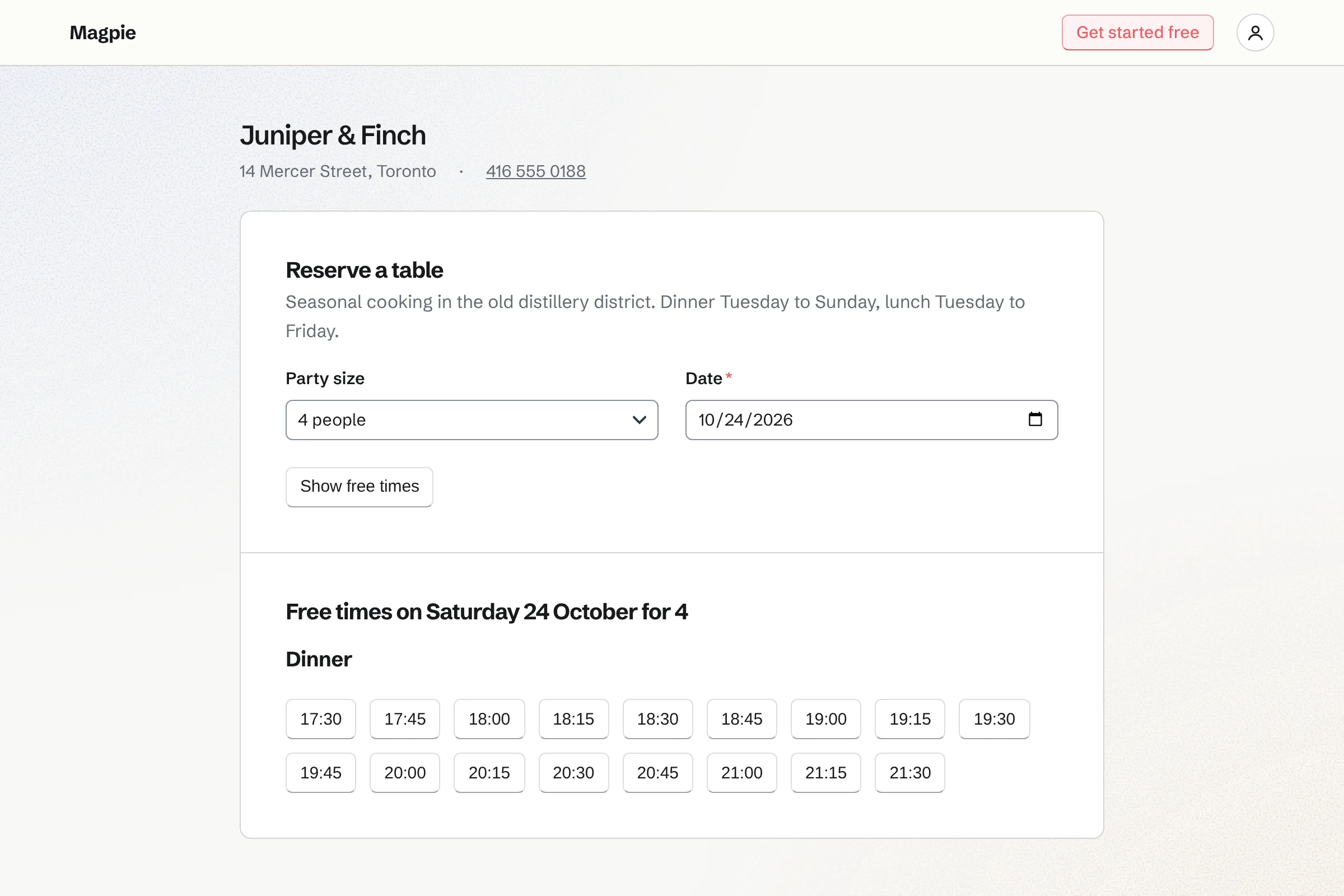 A fictional restaurant’s public booking page: its name, address and phone, the party size and date, and Dinner’s free times on Saturday for a table for four.