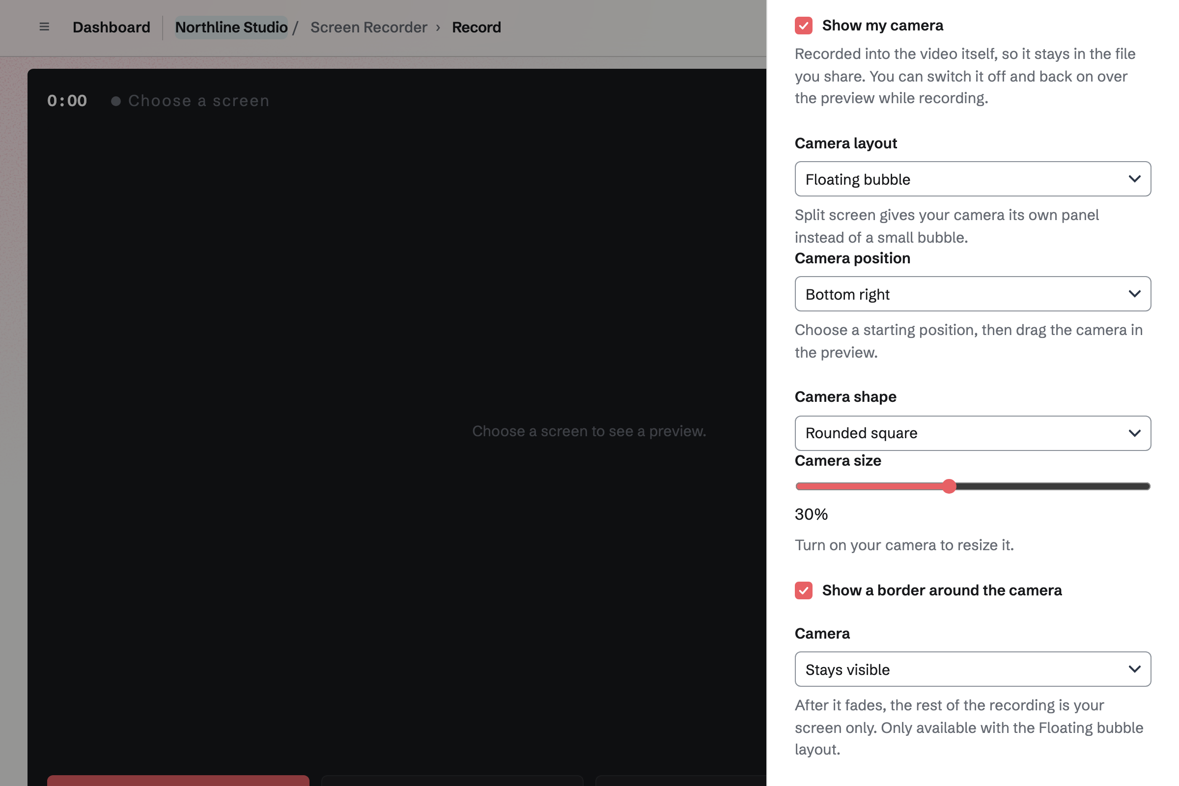 Northline Studio’s screen recorder with Recording options open: Show my camera on, as a rounded square floating bubble in the bottom right with a border.