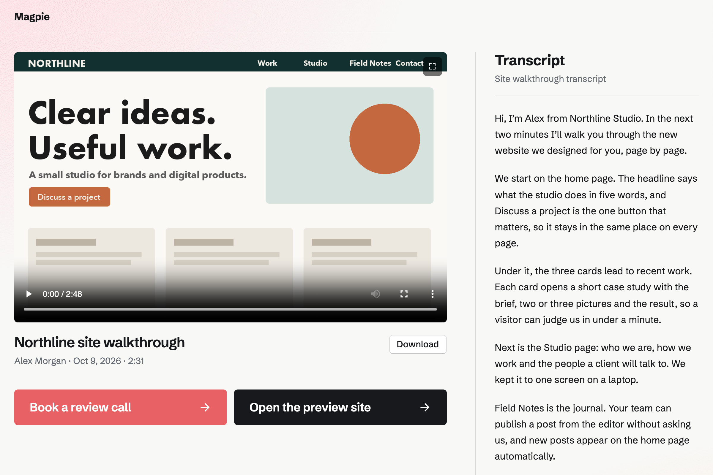 The share page of Alex Morgan’s Northline site walkthrough, with the video’s thumbnail, a Download button, Book a review call and preview site buttons, and the transcript beside it.