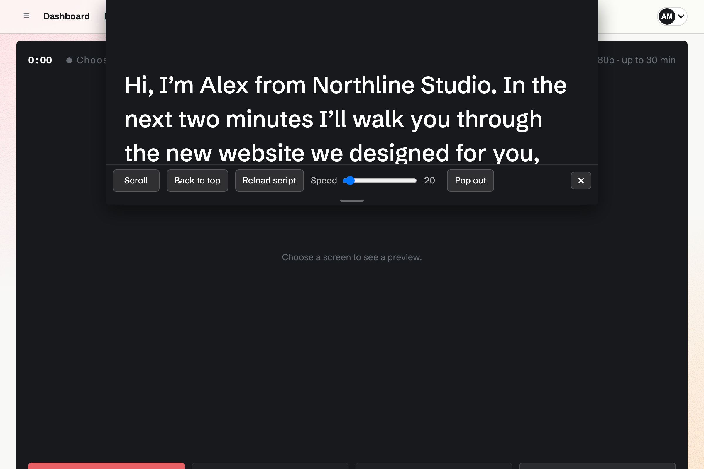 The screen recorder with the teleprompter at the top of the window, showing Northline Studio’s site walkthrough script with Scroll, Back to top, Reload script and a speed slider.