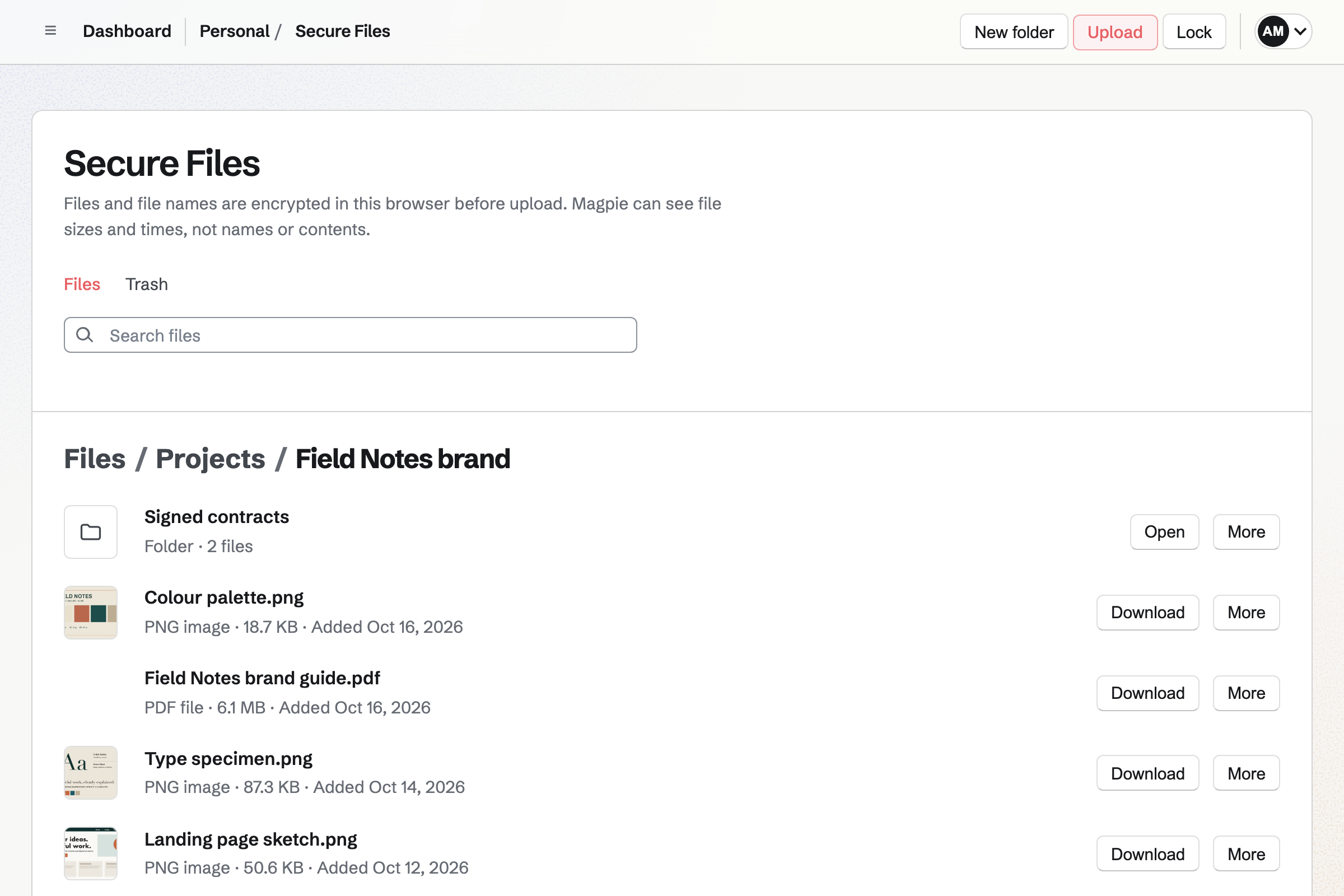 Secure Files open in Projects / Field Notes brand, with a Signed contracts folder, decrypted previews of the colour palette, type specimen and landing page sketch, and the brand guide PDF.