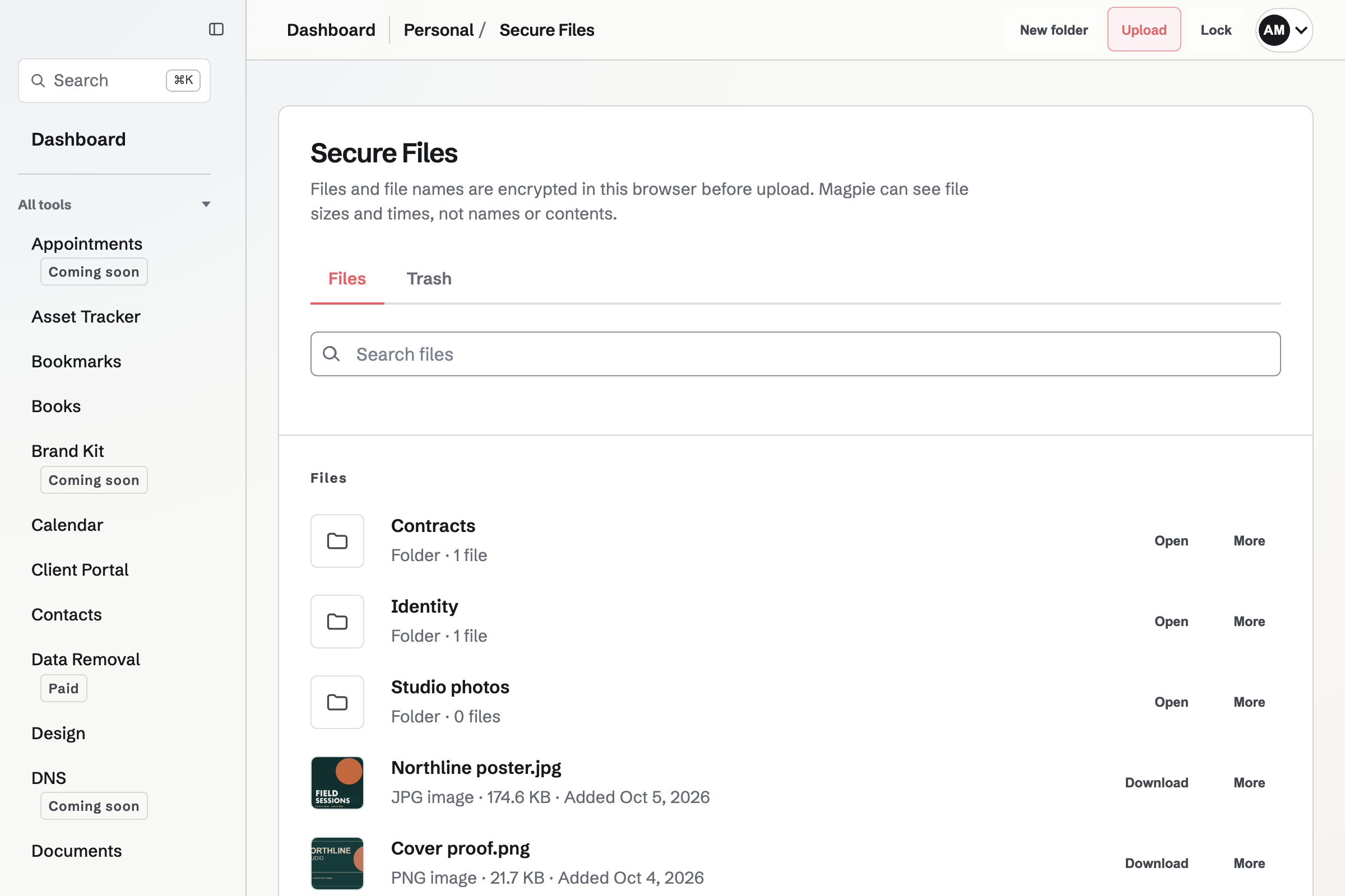 Secure Files list with fictional folders, files, image previews and the storage line.
