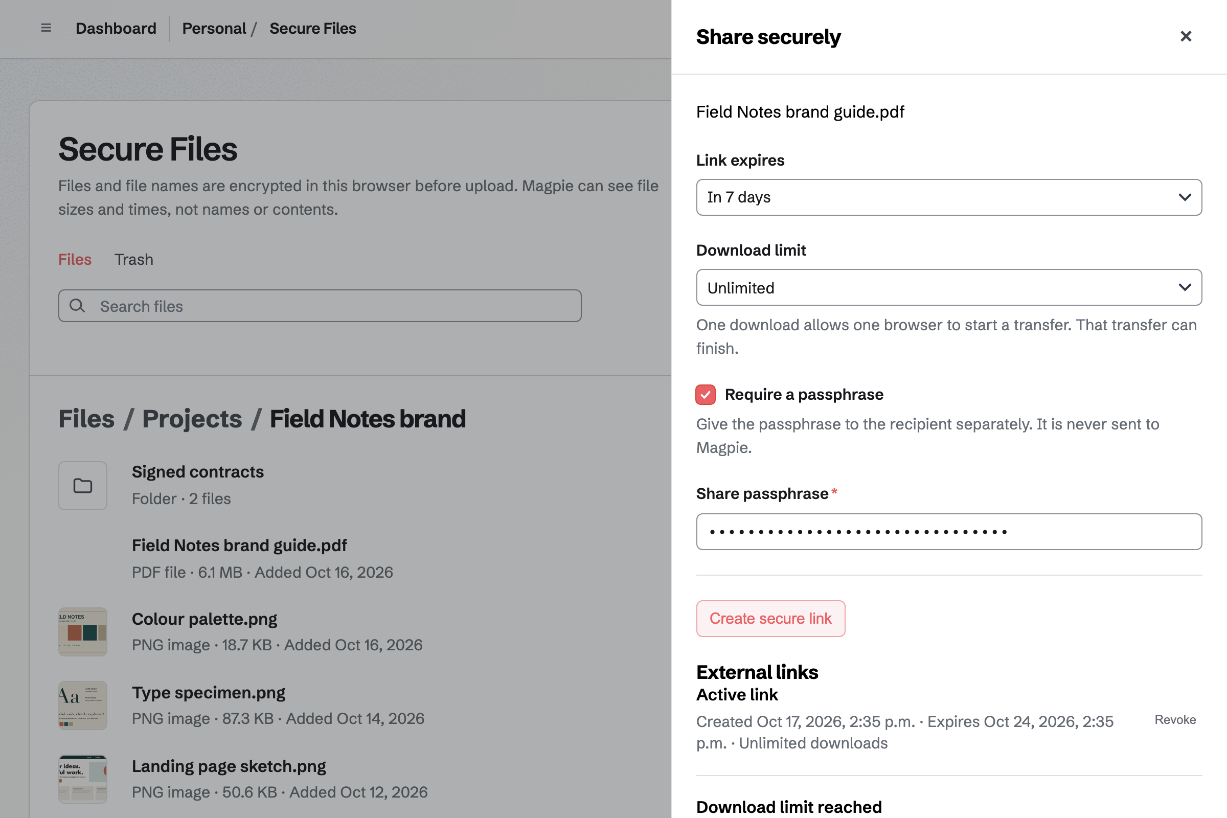 Share securely drawer for Field Notes brand guide.pdf in Secure Files, with link expiry, download limit and a passphrase, above the file’s active, used and revoked links.
