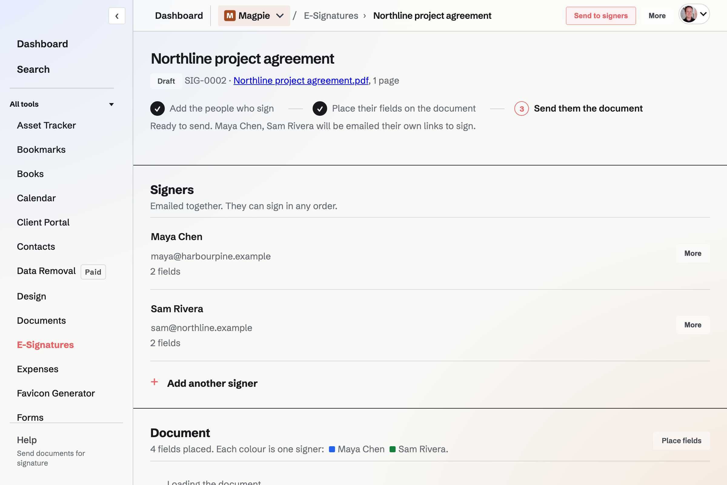 A signature request with its signers, the steps to send it and the document's pages.