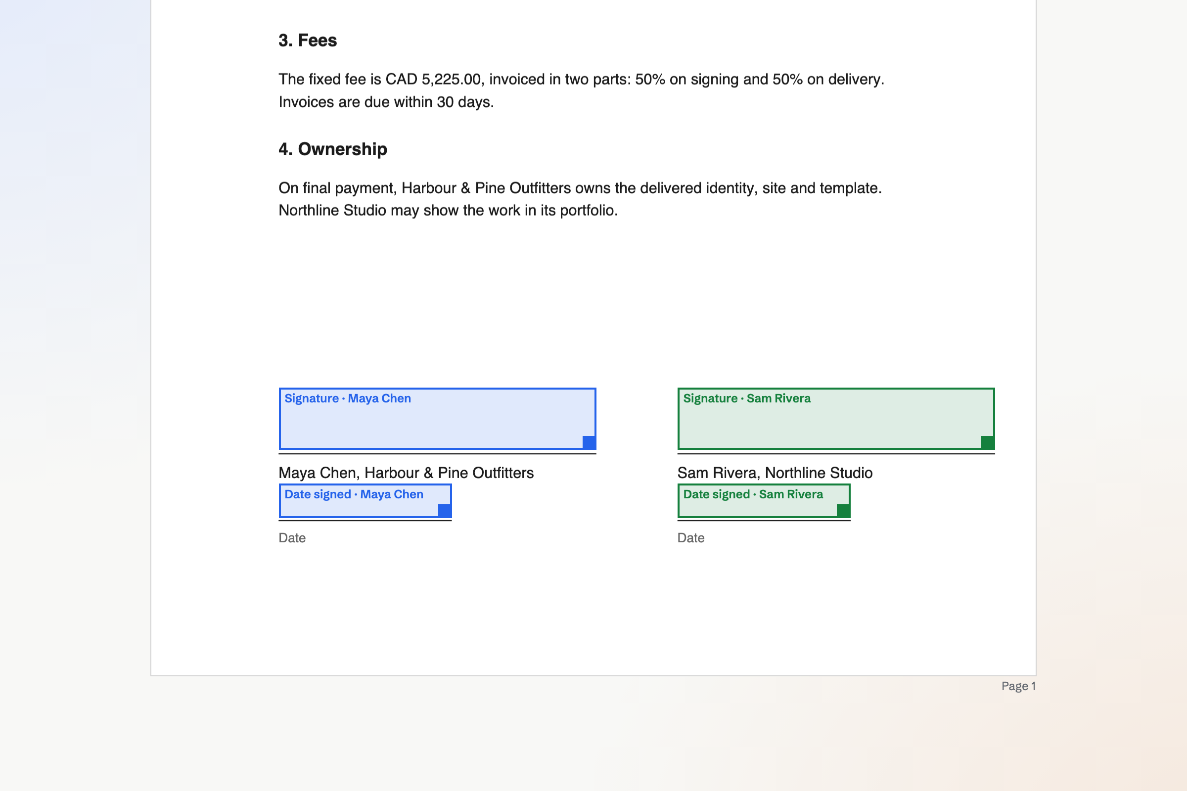 Placing signature and date fields for two signers on a PDF agreement.