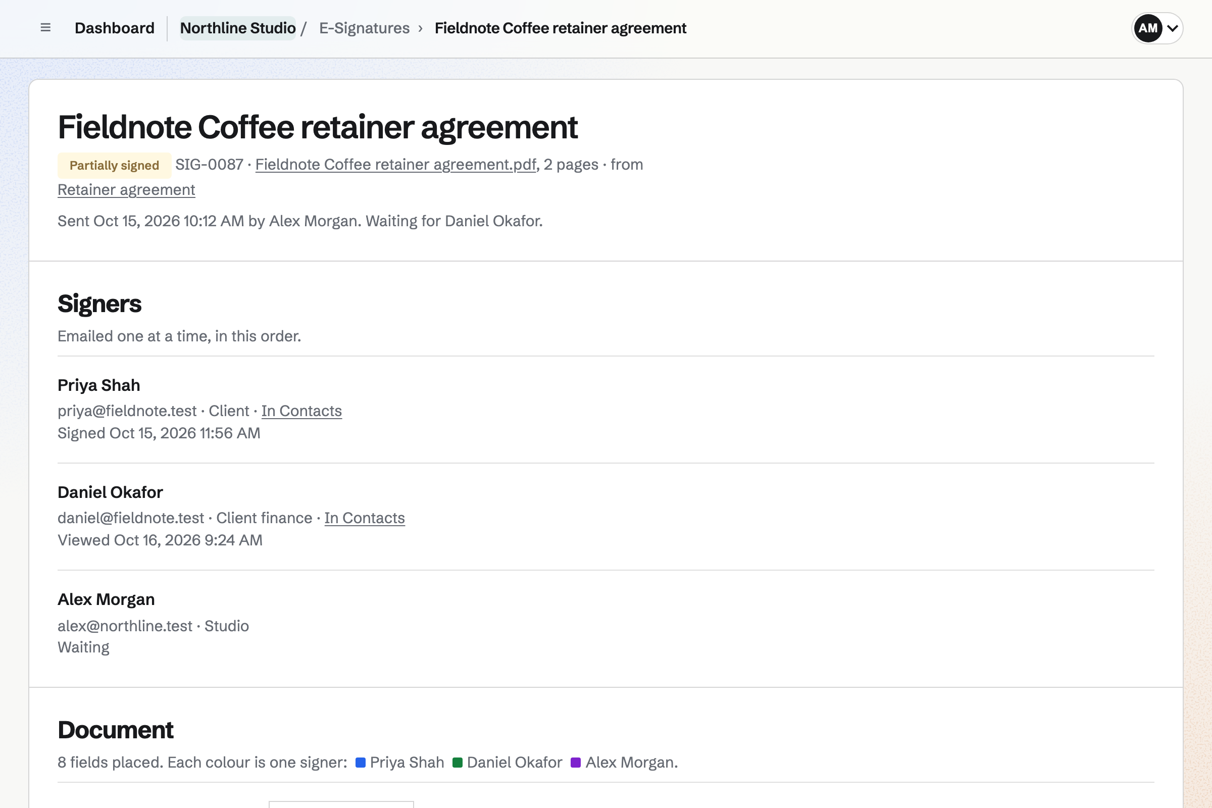 Northline Studio’s retainer agreement with Fieldnote Coffee, sent in signing order: Priya Shah has signed, Daniel Okafor has opened it and signs next, and Alex Morgan signs last.
