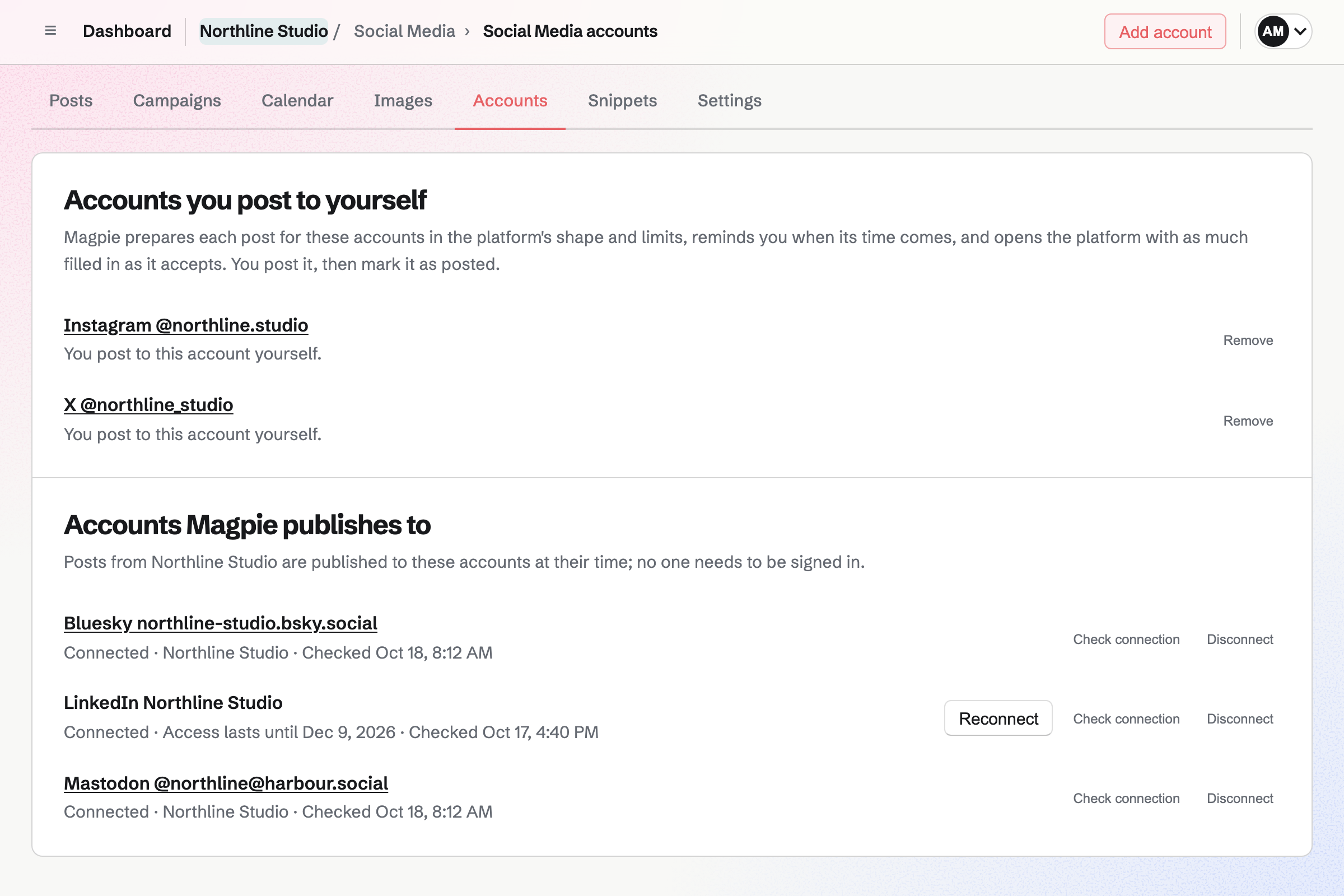 Northline Studio’s Social Media accounts: Instagram and X accounts that the team posts to itself, and Bluesky, LinkedIn and Mastodon connected for Magpie to publish to.