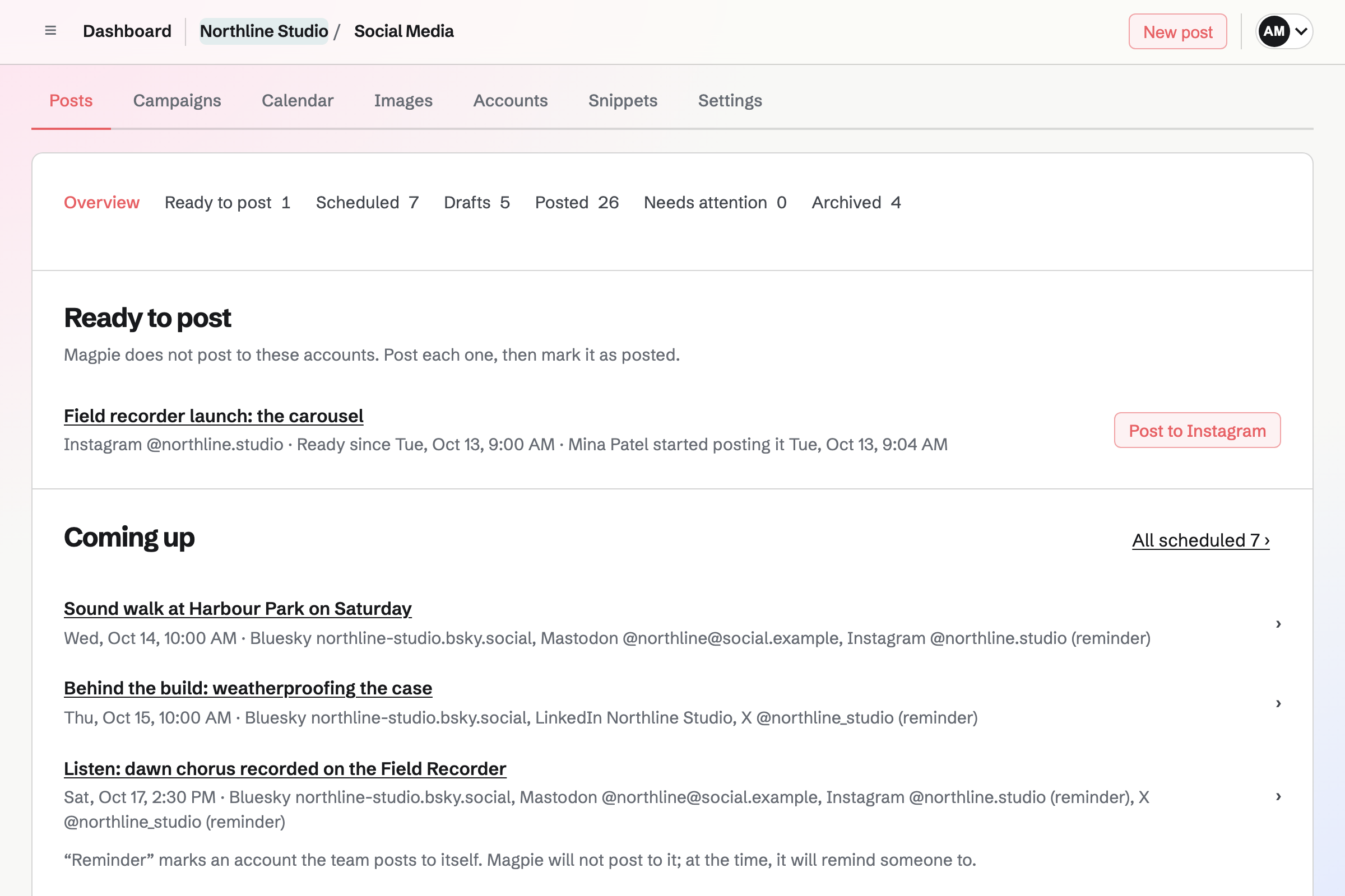 Social Media overview for a fictional studio: an Instagram post ready to post by hand, posts coming up for Bluesky, Mastodon, LinkedIn and X, drafts and a launch campaign.