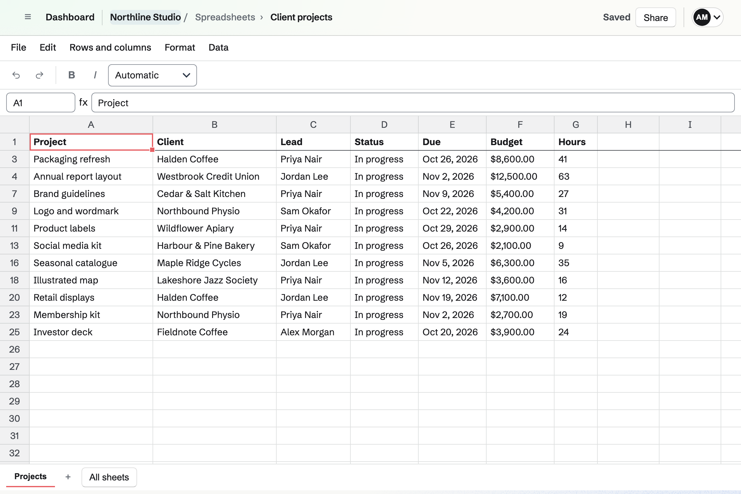 Northline Studio’s Client projects spreadsheet filtered to the jobs In progress, with the row numbers skipping the hidden rows, and each job’s client, lead, due date, budget and hours.