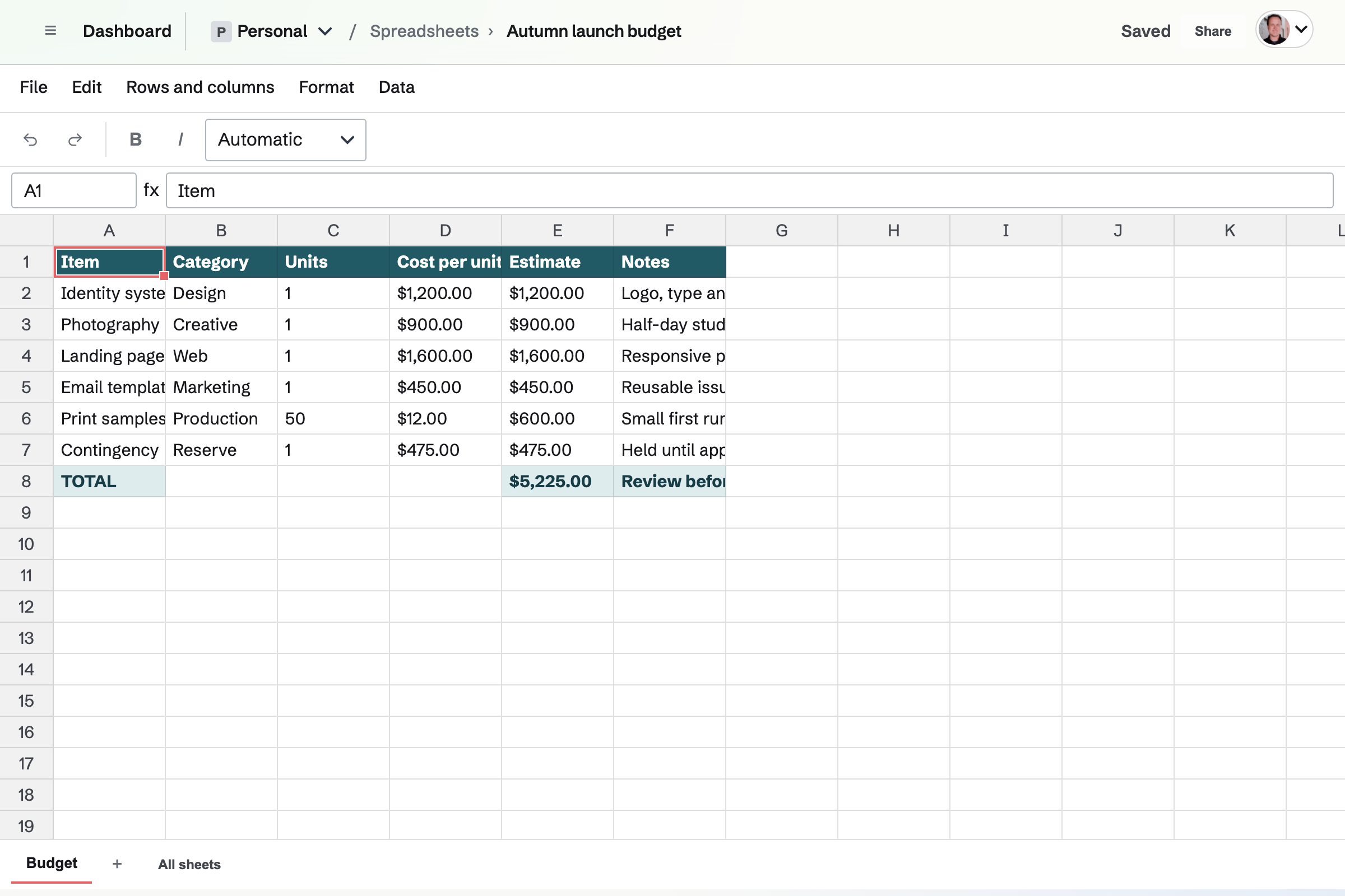 A project budget worksheet showing categories and quantities.