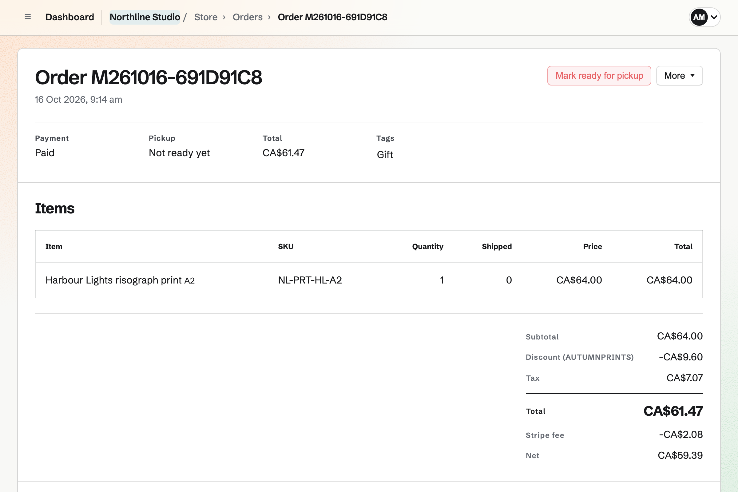 A Northline Studio order paid through Stripe: a print with the AUTUMNPRINTS discount code and HST, then the Stripe fee and the net amount, waiting for pickup.