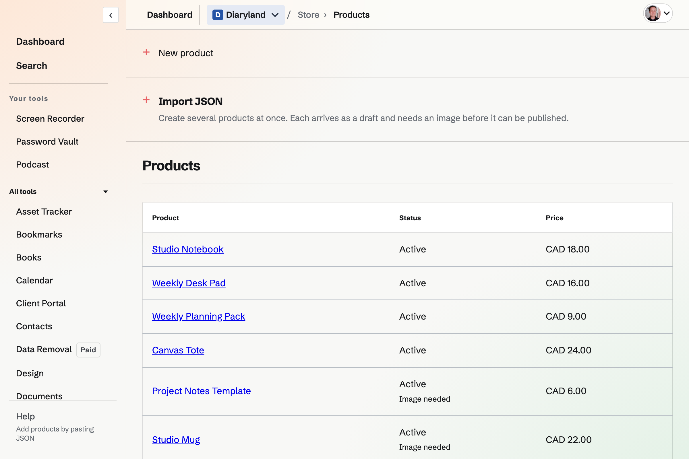 The Store's Products list with each product's status and price.