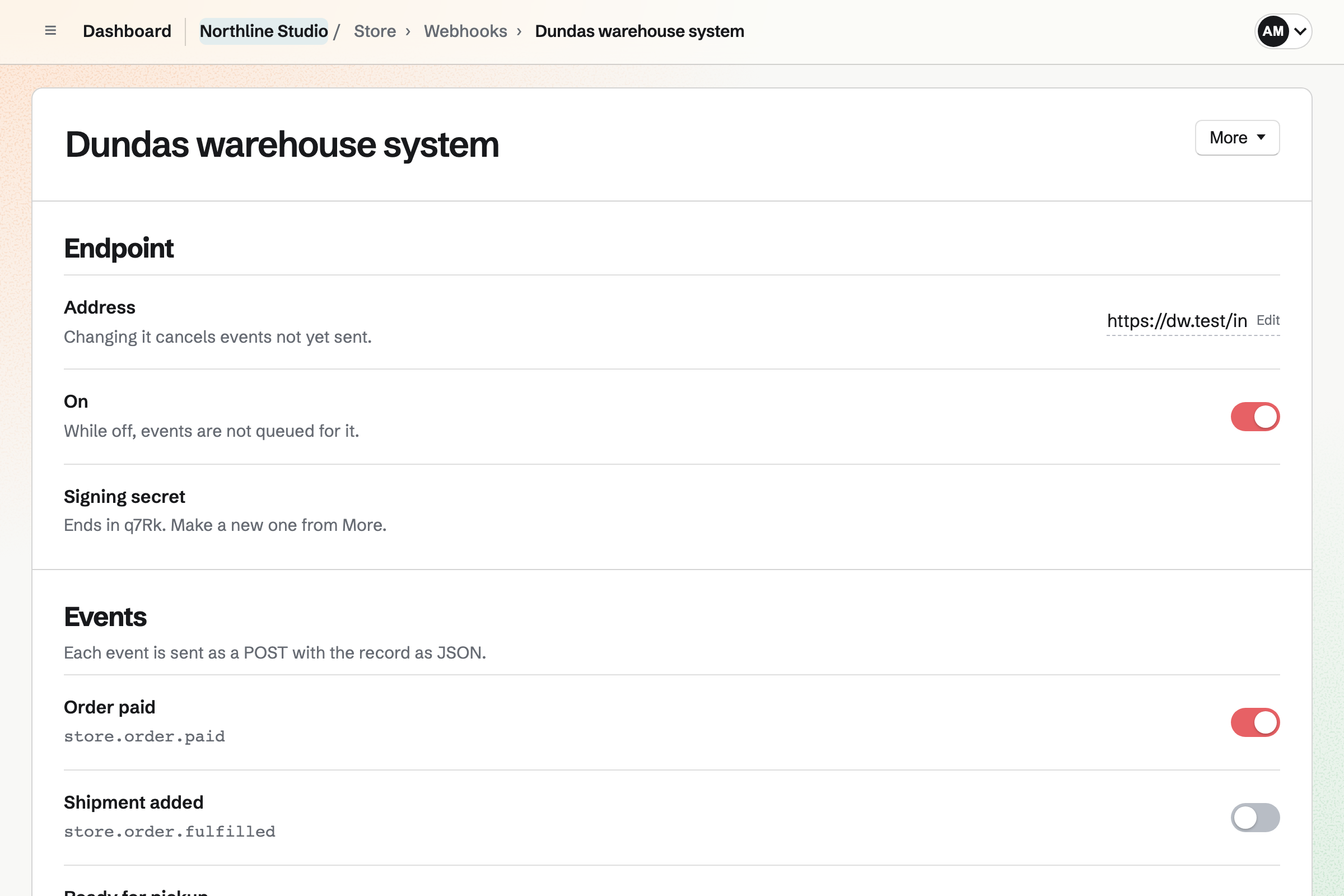 Northline Studio’s Store webhook to its warehouse system: the HTTPS address, on, the signing secret’s last characters, and the events it receives, such as store.order.paid.