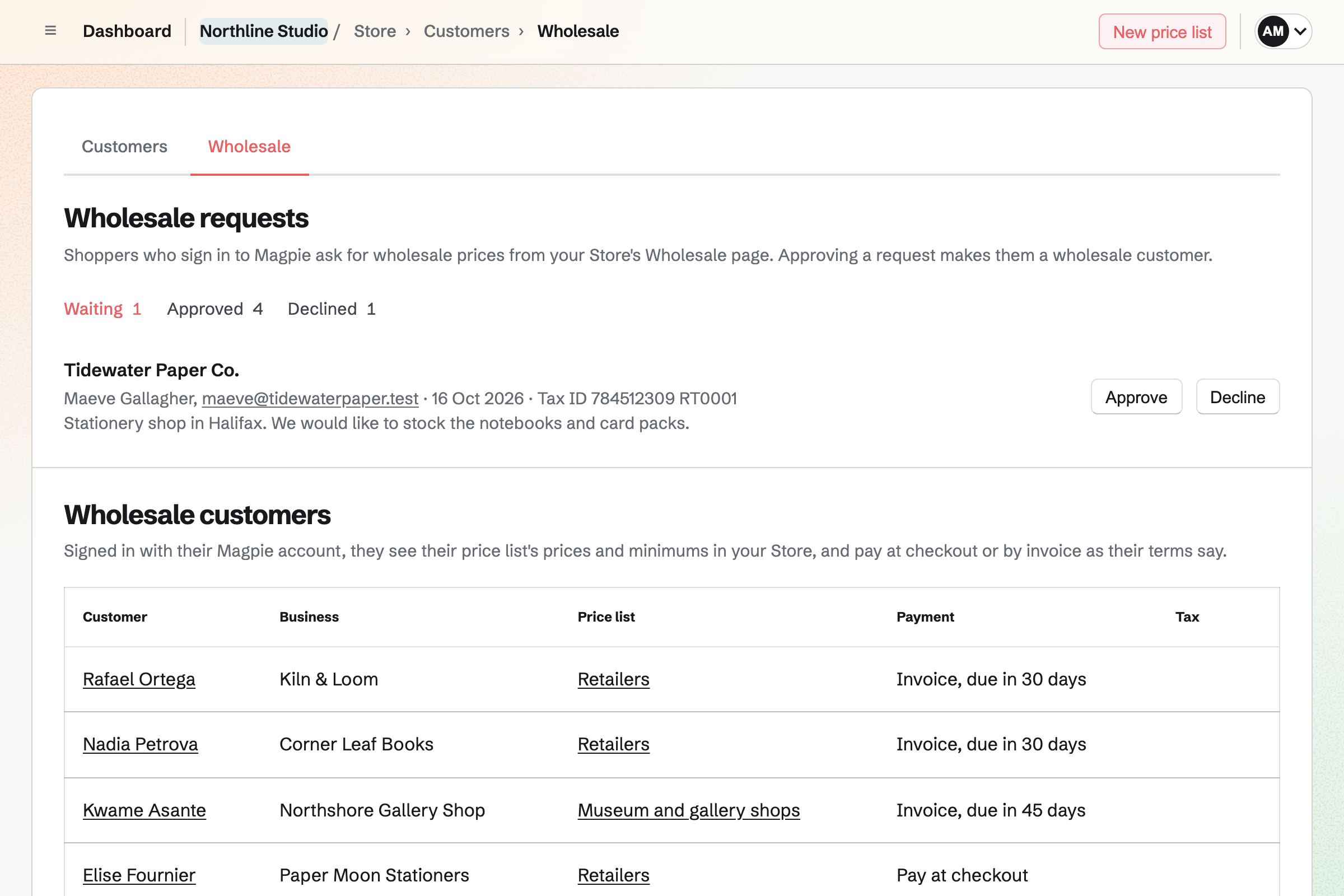 Northline Studio’s Store wholesale page: a stationery shop asking for wholesale prices, with Approve and Decline, and the wholesale customers with their price list and invoice terms.