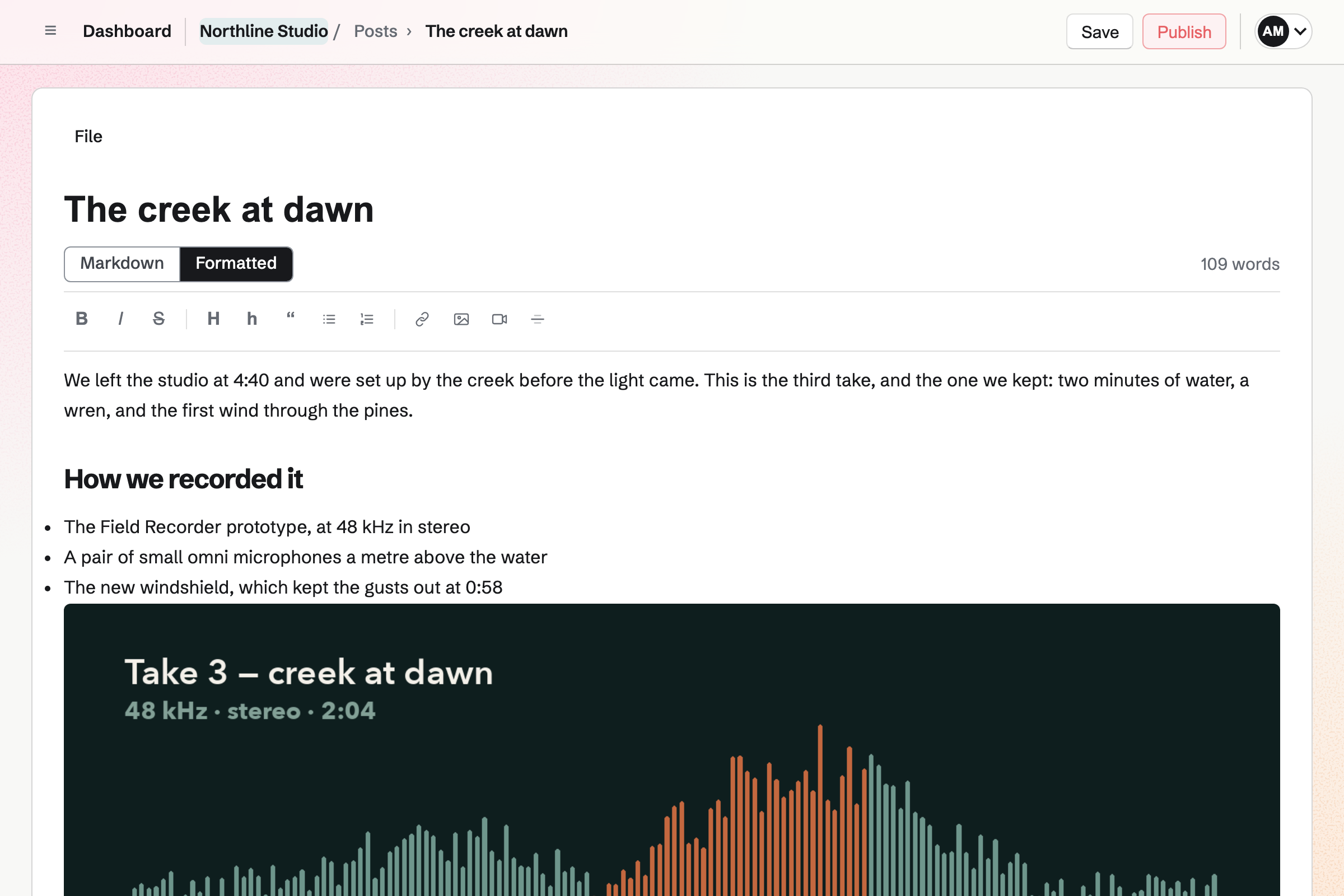 Northline Studio’s draft post for supporters, “The creek at dawn”, in the post editor’s Formatted view: text, a subheading, a list and a waveform picture, with Save and Publish.