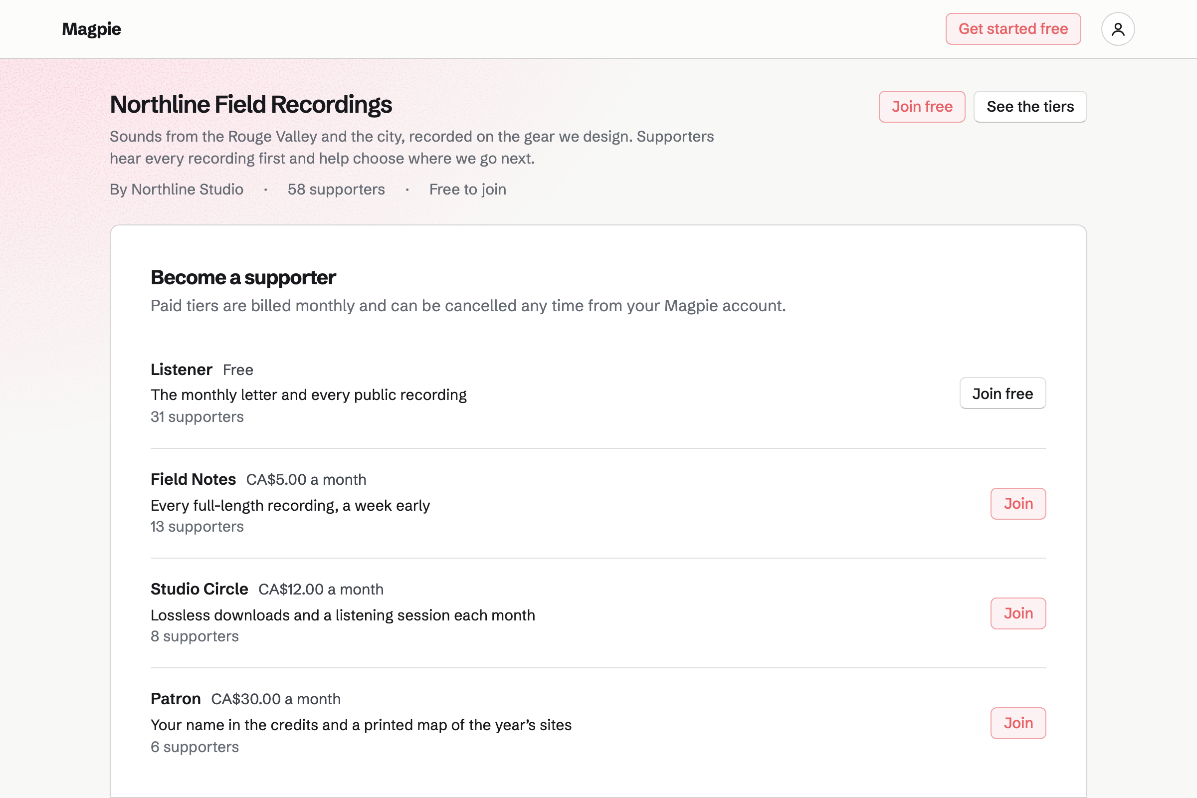 Northline Studio’s public supporter page for Northline Field Recordings: a free Listener tier and three monthly paid tiers in CAD to join, with how many support each.