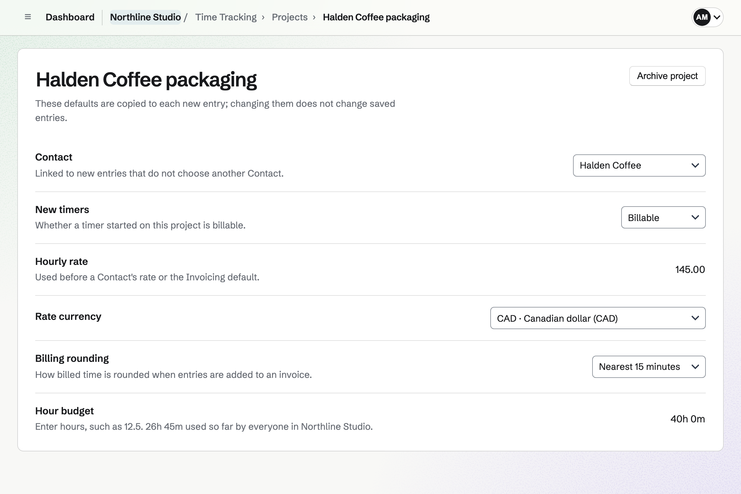 Northline Studio’s Halden Coffee packaging project: billable timers, an hourly rate of 145.00 CAD, billing rounded to 15 minutes and a 40-hour budget with 26h 45m used.