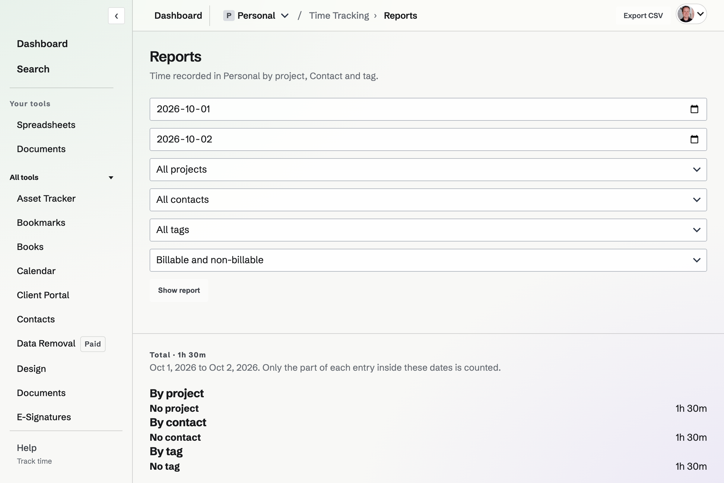A Time Tracking report for October 1–2 showing a total of 1 hour 30 minutes grouped by project, contact and tag.