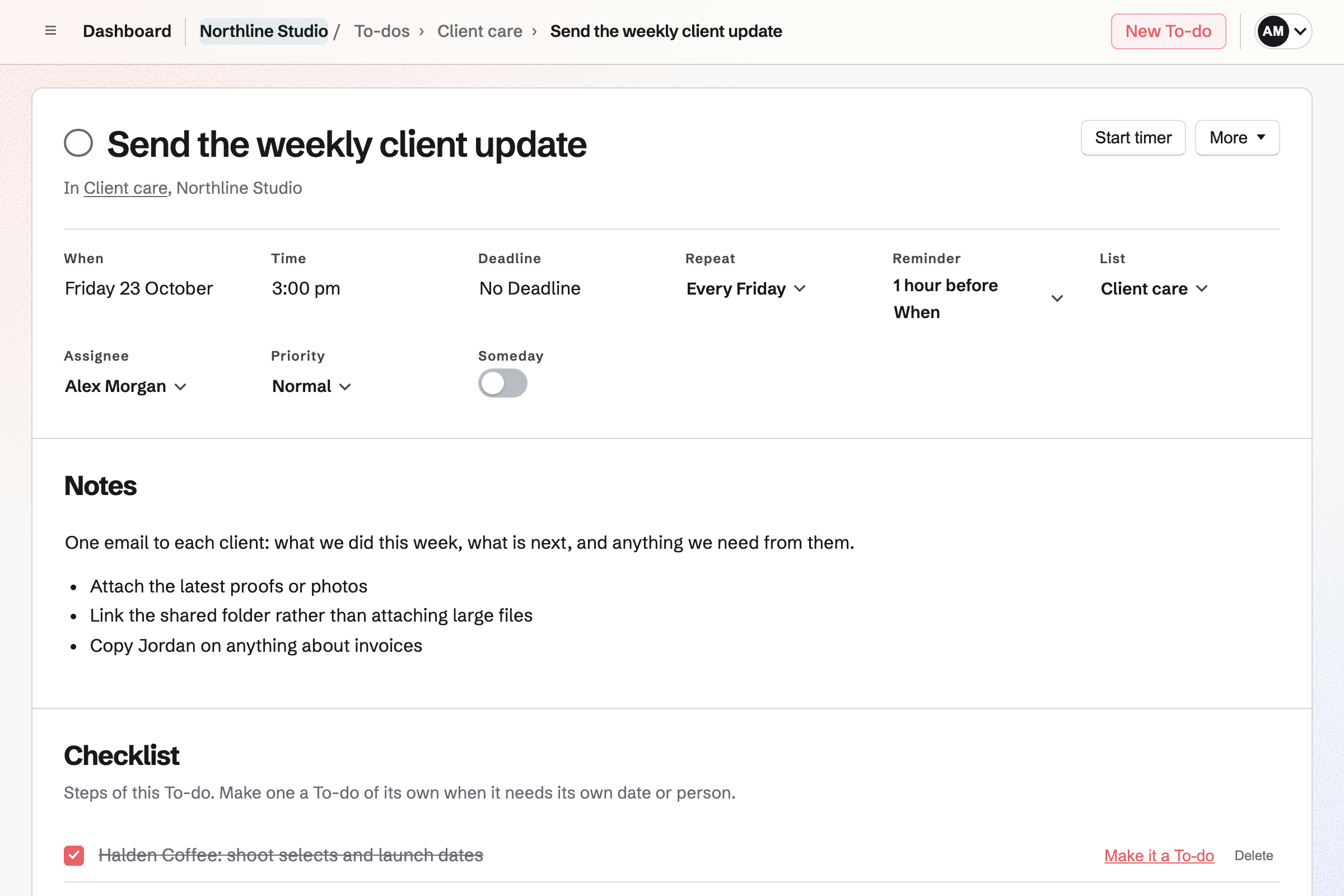 Northline Studio’s To-do “Send the weekly client update”, planned for Friday at 3:00 pm, set to repeat Every Friday with a reminder 1 hour before When, and its notes.