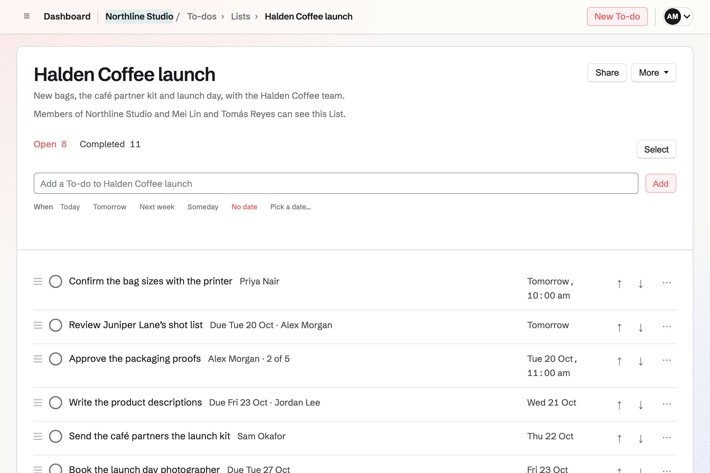 Northline Studio’s List “Halden Coffee launch”, shared with Mei Lin and Tomás Reyes from outside the team, with its To-dos in order, their days, Deadlines and who each is assigned to.