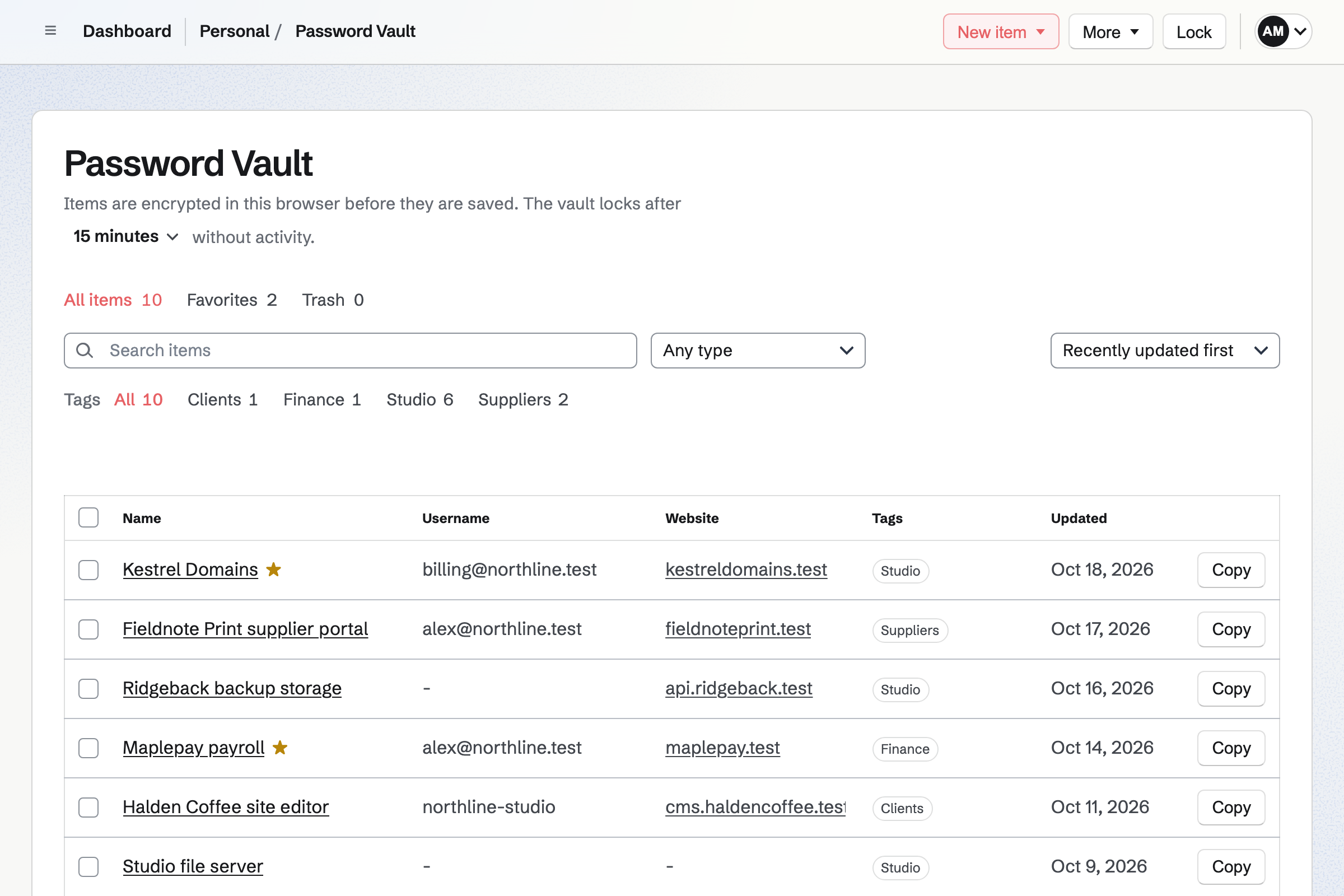 Alex Morgan's Password Vault unlocked, listing fictional logins, an API credential, an SSH key, recovery codes, a secure note and Wi-Fi details, with usernames, websites and tags.