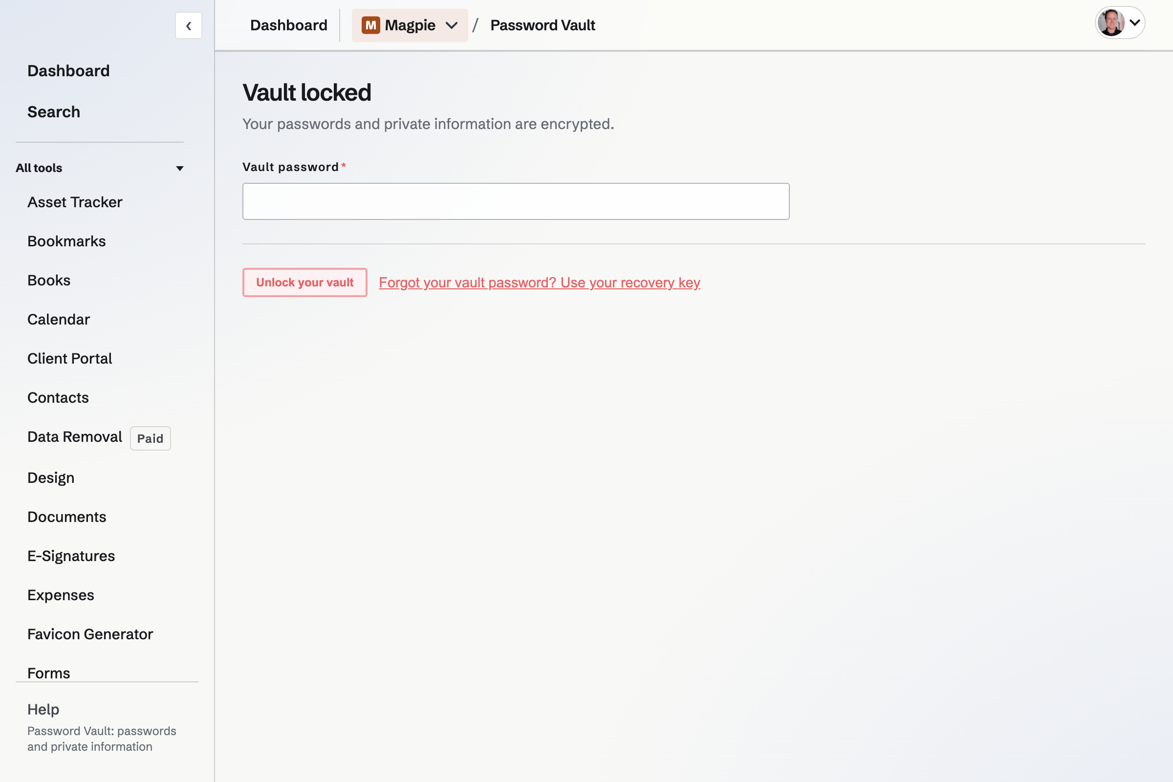 Password Vault locked, asking for the vault password before anything is decrypted.