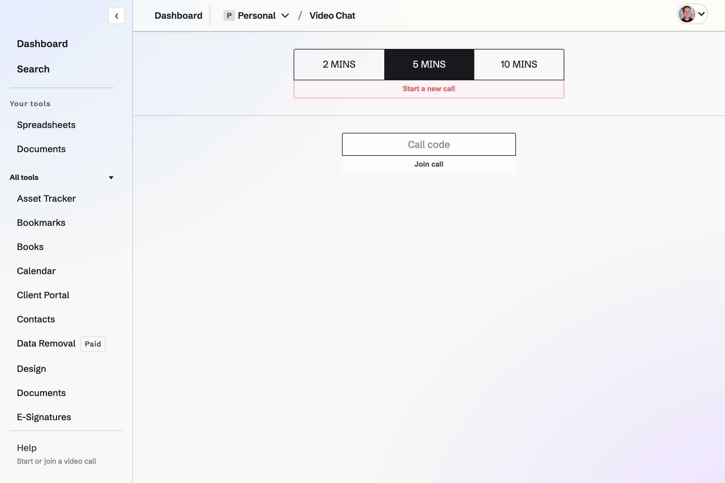 The Video Chat start page with meeting length choices and a call-code field for joining.