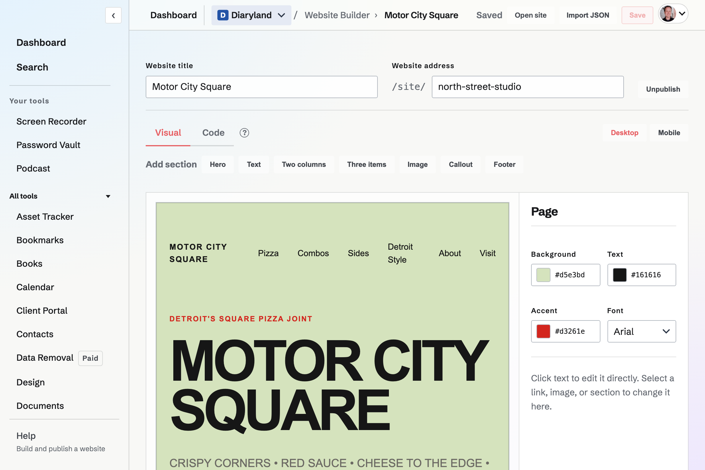 The Website Builder editor with page sections and their settings.