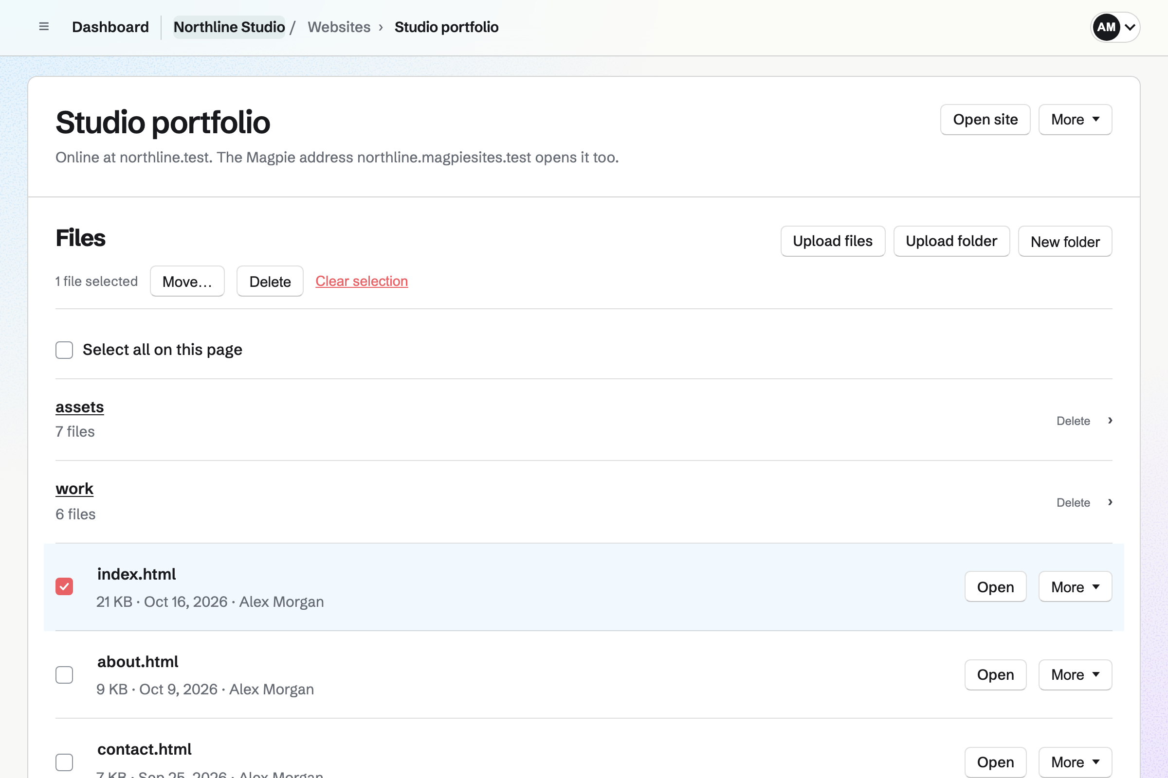 Northline Studio’s portfolio as a files website, online at northline.test, with its folders and HTML files and the versions its uploads made, version 7 live.